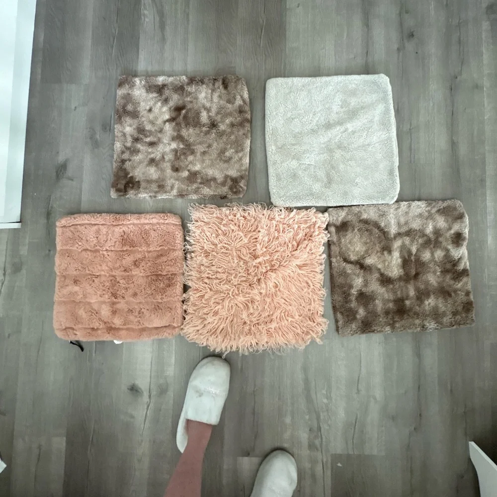 🏡 Set of (5) Plush Shag Throw Pillow Covers in Blush Pink and Taupe